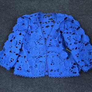 Boston Proper Jacket Womens Large Blue Lace Floral 3/4 Sleeve Hook Eye